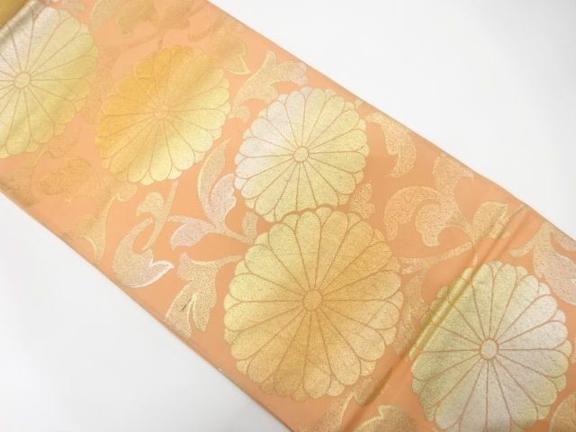 JAPANESE KIMONO / ANTIQUE FUKURO OBI / SILK / WOVEN KIKU ARABESQUE